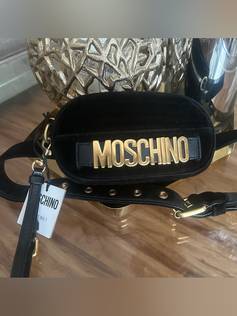 Moschino Black Velvet Belt Bag with Gold Logo